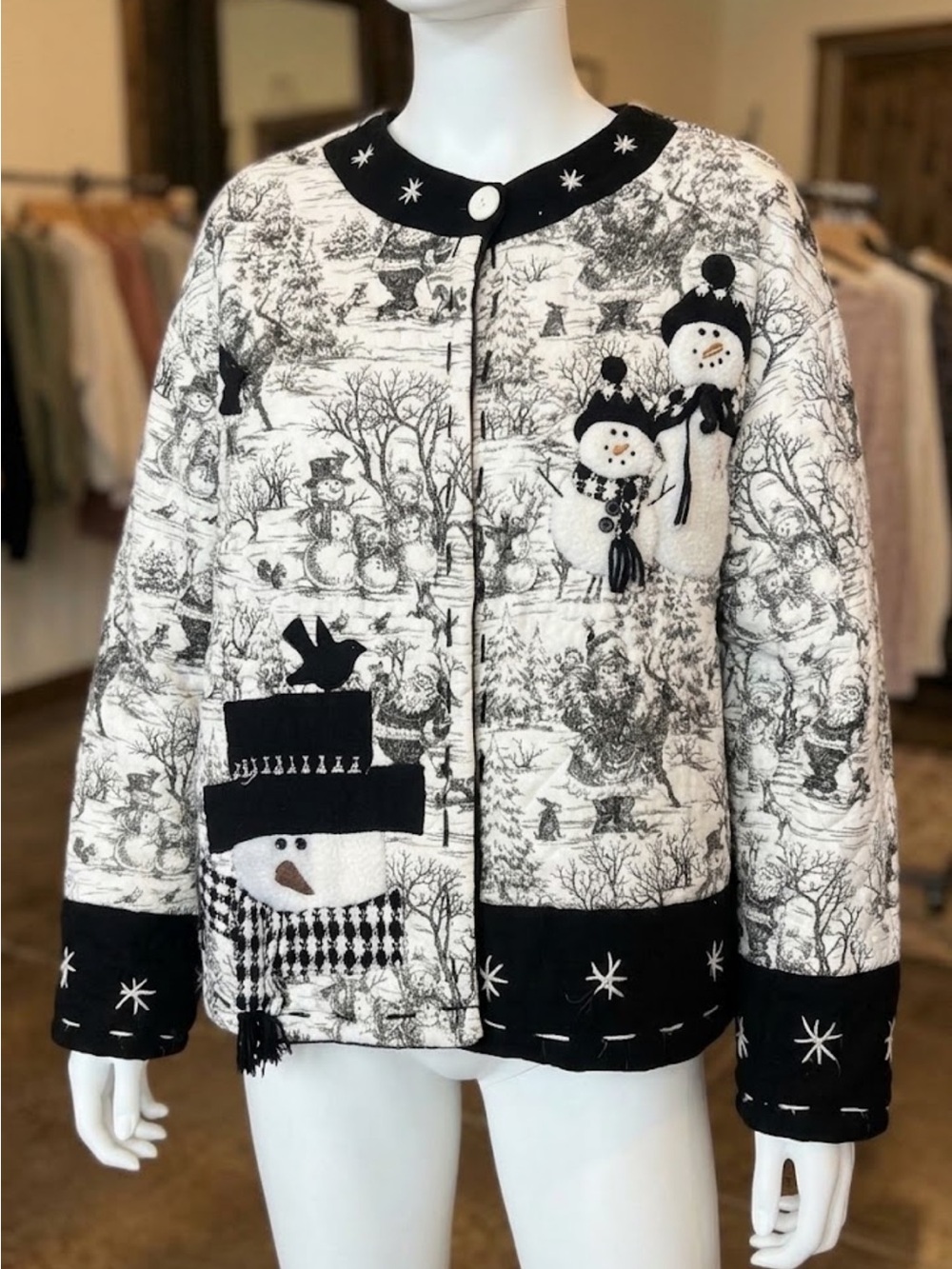 Vintage Quilted Snowman Christmas Jacket Black White Applique Winter Coat L - Picture 1 of 12
